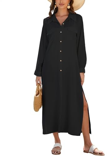 Bsubseach Long Sleeve Button Down Maxi Beachwear Shirt Cover Up Black M