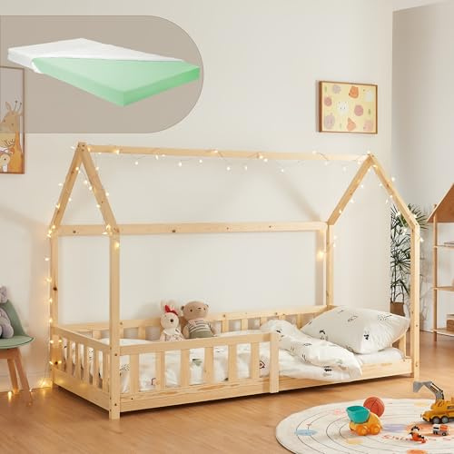 [en.casa] Kinderbett Hesel Hausbett mit Matratze 90 x 200 cm Holzoptik mit Rausfallschutz und Lattenrost Montessori Bodenbett Jugendbett Holzbett
