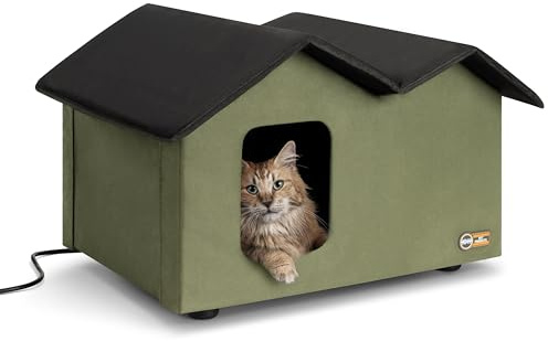 K&H Pet Products Erhöhtes Katzenhaus für den Außenbereich, extrabreit, beheizt, Olivgrün/Schwarz, 66,5 x 54,8 x 43,2 cm
