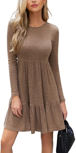 CUPSHE Vestido de punto para mujer, cuello redondo, manga larga, acanalado, mini vestido con volantes, vestido de ocio, otoño, línea en A, elegante, mini vestido, marrón, M