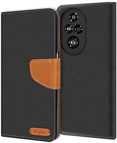 Verco Étui de protection à rabat en denim textile pour Honor 200 Pro, compatible avec Honor 200 Pro, noir