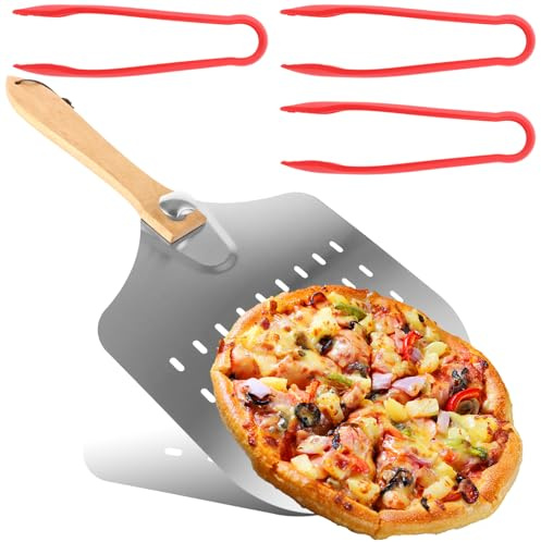 SHUESS Pizzaschieber perforiert Edelstahl 30,5x34 cm Set mit 3 hitzebeständigen Lebensmittelzangen – Pizza Schieber Profi Pizzaschaufel mit Holzgriff, klappbar, Pizzaheber für Ofen Grill Pizzaofen