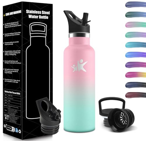 HoneyHolly Gourde Isotherme 500 ML, Gourde INOX avec Paille, Bouteille d'eau sans BPA, Réutilisable, Anti-Fuite, Isolation sous Vide en Acier Inoxydable à Double Paroi, pour Enfants, Adultes, Sport