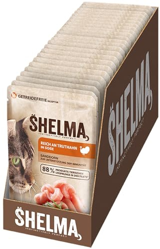 Shelma Katzen-Nassfutter mit Truthahn in Sauce mit Tomaten und Kräutern – Getreidefreies Alleinfuttermittel mit hohem Fleischanteil – 28 x 85 g (2,38 kg)