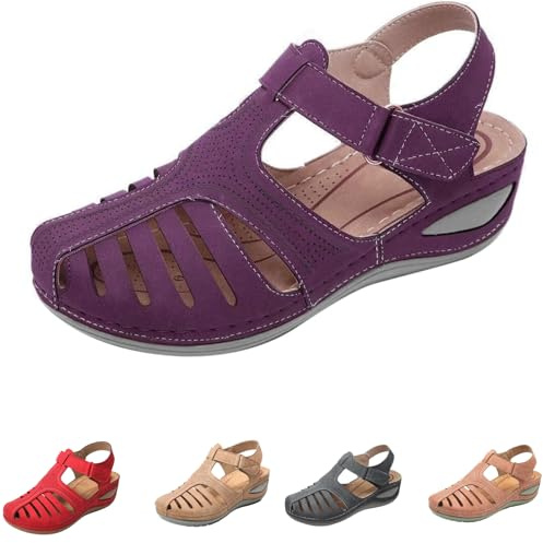 Sandaler med stängd tå för kvinnor, ortopedisk kilsandal med fotvalvstöd, damer retro ihåliga gladiatorskor utomhus tjocka sandaler bekväm ankelremsko UK storlek 4,5-7,5, Lila, 40 EU