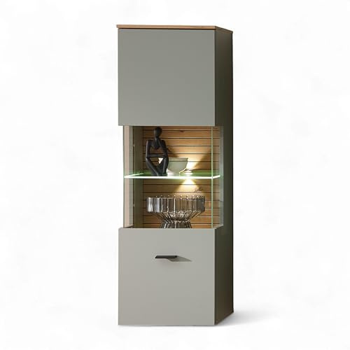 Stella Trading INA Vetrina sospesa in verde canna, effetto rovere artisano, certificata FSC, moderna pensile con illuminazione a LED e molto spazio di archiviazione, 40 x 124 x 36 cm (larghezza x