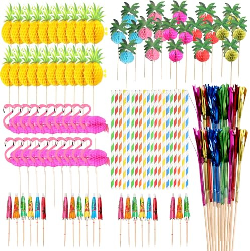 AYNKH 120 Pcs Cocktail Accessories Set,Cocktail Umbrellas, Straws, Stirrers (Flamingo/Pineapple/Sparklers) | Tiki Bar Accessories, Hawaiian Party Supplies, Reusable for Cocktails, Mocktails, Drinks |