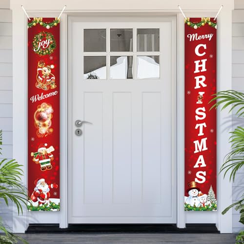 PartyYaa Striscione natalizio per porta, decorazione natalizia per cabina fotografica, Babbo Natale e pupazzo di neve, cartello per portico per feste di Natale, ornamento per interni ed esterni (rosso