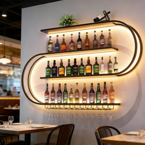 KEPMOGOH Wine rack wall mounted, 4 Tier Metal bar shelves with Liquor Bottle Glass Holder, Wine Holder Iron Liquor Shelves, Wine Storage Display Rack for Kitchen Dining Room Bar (BLACK, 150CM)