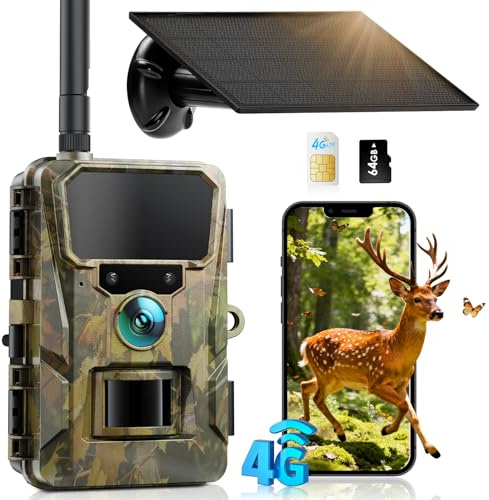 CEYOMUR 4G LTE Solare Fototrappola con SIM Scheda SD 64G, 2K 48MP Fototrappola Notturna TF/Cloud con APP, Infrarossi Rilevatore di Movimento 0,2S, Impermeabile IP66, Batteria Integrata da 5200mAh