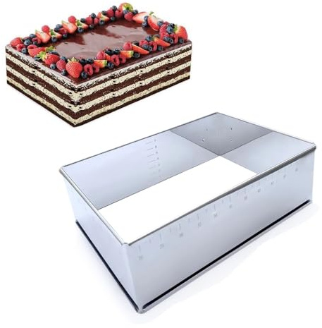 Calolin Adjustable Rectangular Cake Ring, Stainless Steel Mousse Cake Ring Mould for Tiramisu, Ret retractable Sheet Cake Frame with Precise Scale for Baking Pastries