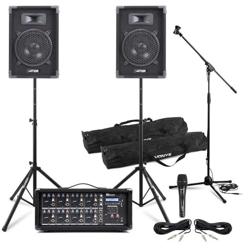 MAX Pack Sono Complet Music/Power Dynamics/Vonyx - 2 Enceintes 8 800 W + Mixeur 8 Canaux + Micro Filaire + Pied & Câbles Inclus - Système Audio Pro DJ, Groupe, Bar, Animation