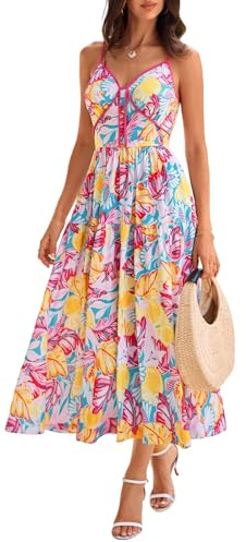 GRACE KARIN Women's Boho Floral Fancy Dress Casual V-Neck Sleeveless Spaghetti Straps A-line Maxi Dresses Bohemian Beach Holiday Dress with Pockets Blue-Rose red L