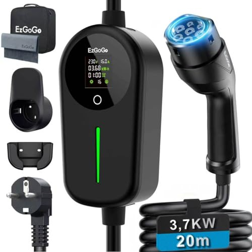 EzGoGo Typ 2 Ladekabel Schuko 3,7kW 20m EV Ladegerät für EVs & PHEVs E-Auto | Ladekabel Auto, 6-16A Einstellbar mit Steuerbare Digitalanzeige,für alle gängigen EV/PHEV