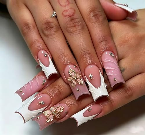 MouYouGlow Press on Nails Middle Lang,Square Weiß French 3D Blumen Floral Striped Diamant Design Fake Nails,White Tips Pink Flower Wavy Strass Sweet Sommer INS Künstliche Fingernägel
