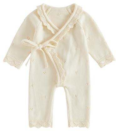 NuoBBaom Newborn Fall Winter One Piece Front Tie Solid Jumpsuit Knitwear Unisex Baby Floral Hollow Ruffle Trim Long Sleeve Knit Romper Sweater Soft Warm Baby Girl Clothes (Beige, Newborn)