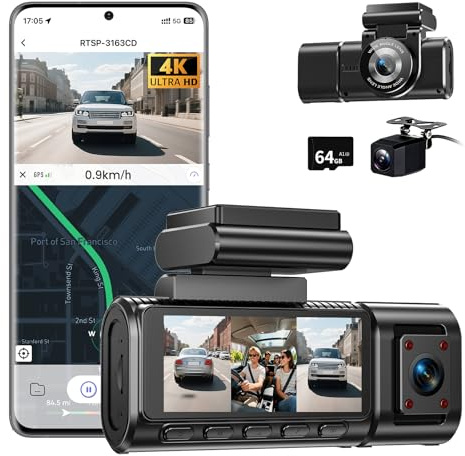 Dashcam Auto Vorne Hinten 4K+1080P mit GPS WiFi,3 Channel 1080P Dash Cam Auto Kamera 3,16 IPS Bildschirm,Kostenlose 64 GB Karte,Nachtsicht,G Sensor,Loop-Aufnahme,200°Weitwinkel WDR,Parküberwachung