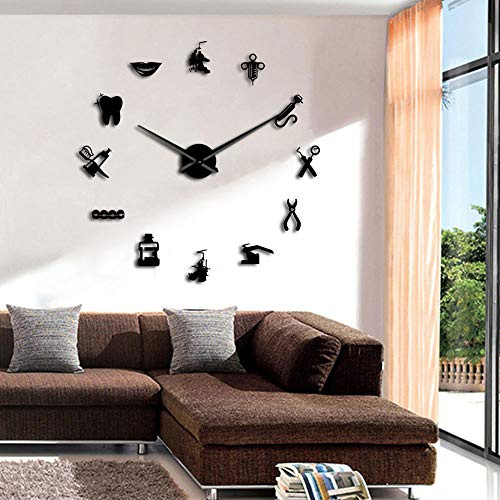 The Geeky Days Dentist Sign Giant DIY Large Wall Clock with Mirror Effect Dental Clock Wall Art Home Decor Frameless Big Time Clock Watch(Black)