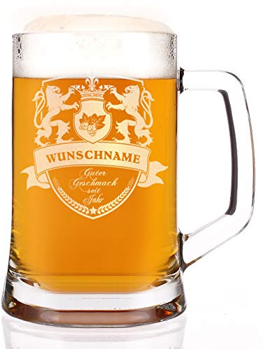 Herz & Heim® Bierkrug mit Löwenwappen und Gravur des Namens und des Geburtsjahr
