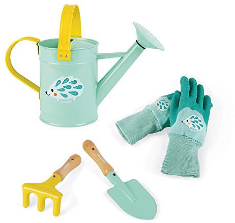 Janod - Happy Garden Spielset Kleiner Gärtner, Set mit 4 Gartenutensilien für Kinder, feinmotorische Fähigkeiten, minzgrün, ab 3 Jahren, J03187