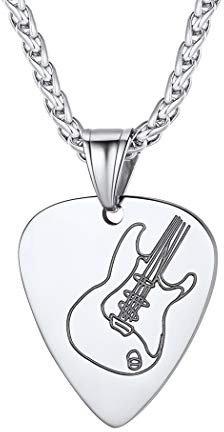 Suplight Collier avec Pendentif en Acier Inoxydable Pendentif Guitare Médiator Musique Rock Punk Band avec Chaîne Longeur de 55cm+5cm Argent Cadeau pour Homme Femme Festival de Musique