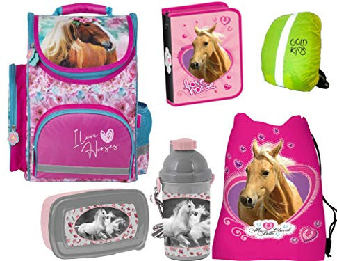 Pferd Pferde Schulranzen Set Ranzen Schulranzen Tornister Federmappe Turnbeutel Brotdose Wasserflasche Regenschutz 6-teiliges Set