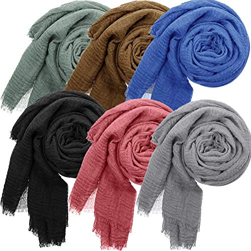 SATINIOR 6 Pieces Women Soft Scarf Shawl Cotton Hijab Scarf Wrap Head Scarve for All Seasons (Light Grey, Light Coffee, Black, Light Red, Blue, Cyan)