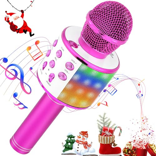 Microphone Karaoke sans Fil, Micro 4 en 1 Karaoké Bluetooth Portable, LED Home Party Haut-Parleur pour Enfants/Adultes Chanter, Compatible avec Android/iOS/PC/Smartphone (Rose)