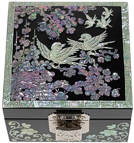 February Mountain Mini-Schmuckschatulle aus Perlmutt aus Holz mit Spiegeldeckel (plum blossom)