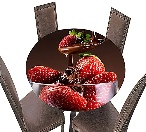 FANSU Runde Tischdecke Garten Wasserdicht Abwaschbar, 3D Erdbeere Drucken Polyester Fleckschutz Tischdecken mit Elastische Kante für Küche Esszimmer Garten (Schokolade,Durchmesser 160cm)
