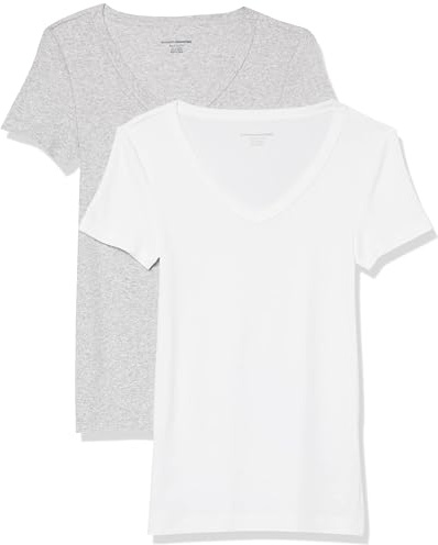 Amazon Essentials Women's Slim-Fit Short-Sleeve V-Neck T-Shirt, Pack of 2, White/Light Grey Heather, L