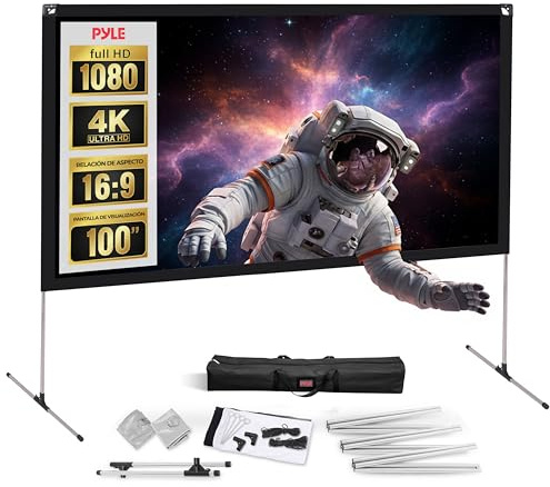 Pyle PRJOS100 Projector Screen with Stand - 100 16:9 HD 4K Portable Lightweight Freestanding Foldable Indoor Outdoor Movie Projection Display with Frame for Home Theater