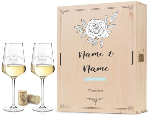 GRAVURZEILE Leonardo Weingläser mit Gravur - Vintage Weinranke - Personalisiert mit Namen im 2er Set inkl. Holzkiste - Geschenk zum Geburtstag, Jahrestag & zur Hochzeit - Farbe: Große Kiste UV