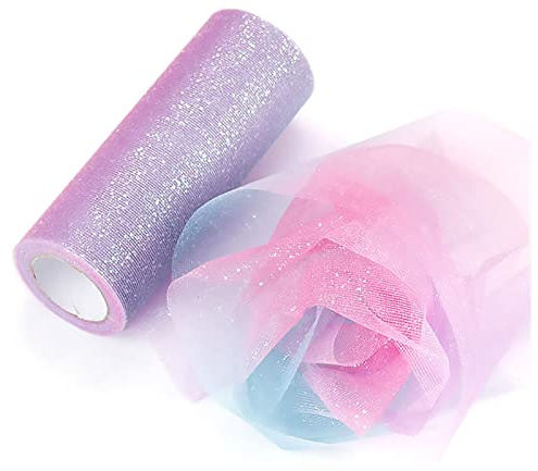 Misazy Tüllrolle Stoffband,Regenbogen Glitzer Tüll Rolle, 15 cm x 9,1 m, Regenbogen Tüllrolle Glitzer Tüll Stoffspule für Geschenkverpackung, Stuhl, Schleife, DIY, Nähen, Dekoration (Rot Blau Lila)