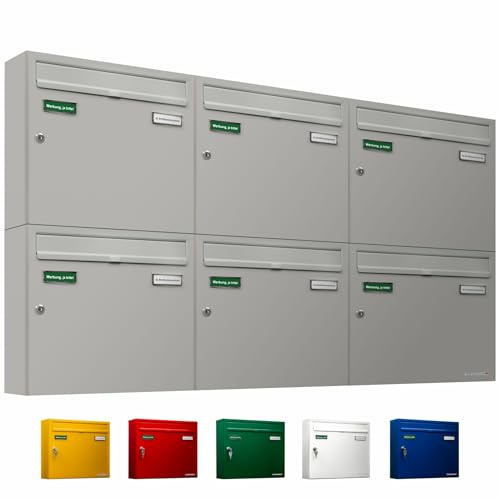 AL Briefkastensysteme Basic 6er Briefkasten RAL 9006 Weiß Aluminium Silber Edelstahl-farbig 6 Fach DIN A4 wetterfest Briefkastenanlage mit Posthaltebügel und 2 Namensschildern