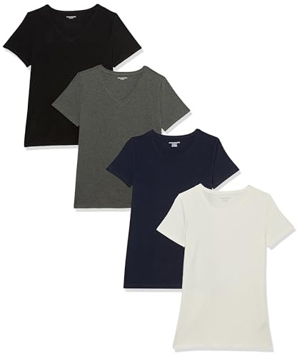 Amazon Essentials Women's Classic-Fit Short-Sleeve Crewneck T-Shirt, White/Charcoal Heather/Navy, 4-Pack, Medium