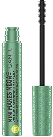 SANTE Naturkosmetik Wimperntusche flexibler Gummi Bürste, Mascara für verlängerte und voluminöse Wimpern, Mit Pro-Keratin gegen Haarbruch, Mini Makes Mega Mascara, Farbton: Black 01, 1 x 8 ml