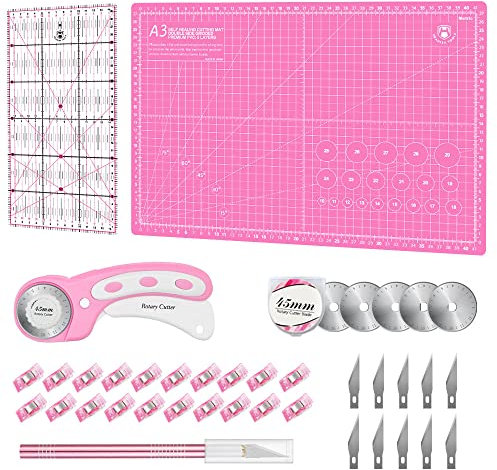 Rollschneider Set - 45mm Rollschneider Stoffschneider Set inkl. A3 Schneidematte, Rollschneider, Ersatzklingen, Patchwork-Lineal, Stoffklammern, Bastelmesser set ideal zum Basteln, Nähen, Patchworken