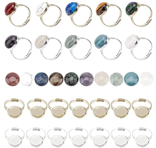 SUNNYCLUE 40 Stück 2 Farben Edelstein-Cabochon-Fassungen, Verstellbarer Ringrohling Mit 12 mm 10-Farbigen Edelstein-Cabochon-Ringherstellungsset Für DIY-Schmuckherstellung, Bastelbedarf