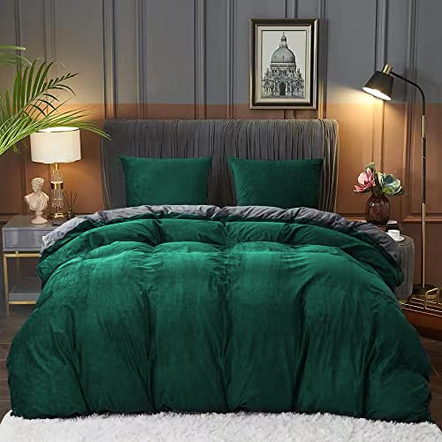 Nyescasa Winter Plüsch Bettwäsche 135x200 2Teilig Coral Fleece Flanell Dunkelgrün Grau Wendebettwäsche Cashmere Touch Bettbezug mit Reißverschluss und Kissenbezug 80x80cm Warme Deckenbezug