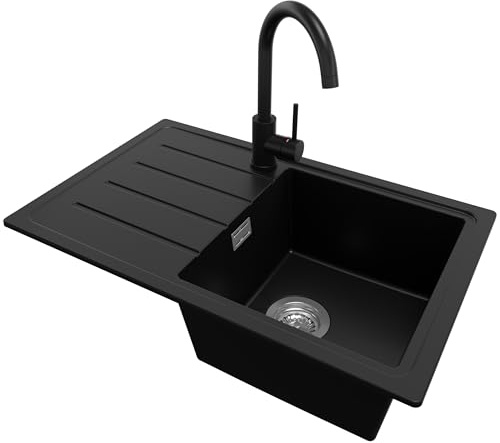 PRIMAGRAN Fregadero Granito al Mueble 45cm + Grifo, 70x44cm | Set: Grifo BW5010 + Kit de desagüe (sifón, válvula, rebosadero) + Copenhague Easy 1 Seno para Cocina, Negro