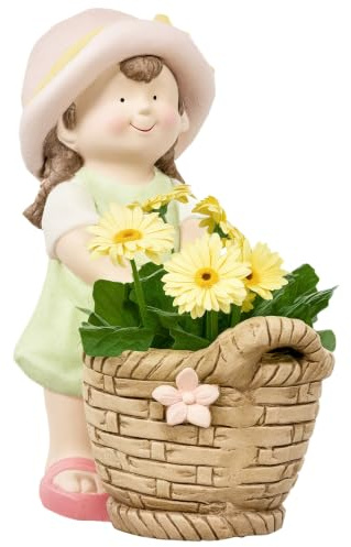 Outsunny Gartenfigur Mädchen mit Blumentopf Pflanzentopf-Ornament | Wetterbeständige Gartenstatue, Gartendeko, Skulptur für Heimdekoration, Garten, Hof
