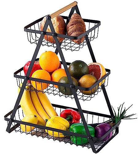 MaxEarn 3-stöckiger Obstkorbständer mit Holzgriff, große Kapazität, abnehmbares Obstschalen-Regal, Metall-Gemüse-Aufbewahrungsregal für Zuhause, Küche, Büro, Gemüse, Snacks, Brot