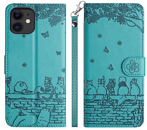 Aisenth Handyhülle für iPhone 12 Mini/13 Mini Klapphülle mit Kartenfächer | Katze mit Schmetterling Design,Standfunktion,Kartenfächer,PU Leder,3 Kartenfächer+Geldfach,Stoßfeste,Magnetische,Blau Grün