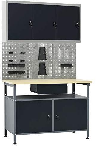 Werkbank mit 3 Werkzeugwänden und 1 Wandschrank, CIADAZ Werktisch, Arbeitstisch, Schweißtisch, Maschinenuntergestell, Maschinentisch