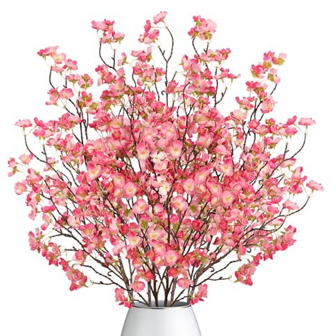 Dremisland 4PCS Artificial Cherry Blossom Branches Pink Plum Blossom 39.3in Winter Fake Flowers Tree Stems Silk floral Plants Desk Christmas Decoration for Wedding Bouquets Party Table Vase Decor