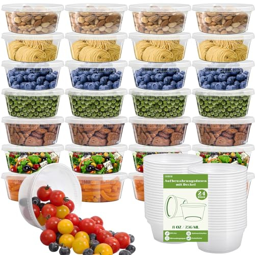 EOGRFW 24 Stück Aufbewahrungsdosen mit Deckel,236ML Frischhaltedosen Auslaufsichere,Wiederverwendbarer Plastikbecher,Rund Kleine Dosen mit Decke für Soßen Dips Gewürze,Mikrowellengeeignet