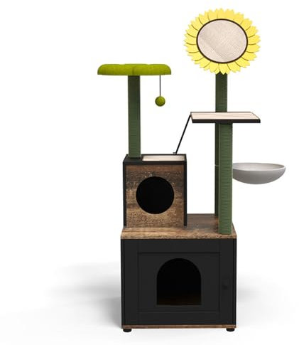 PJDDP Cat Tree with Litter Box Enclosure, 2-In-1 Indoor Cat Furniture with Platform And Cat Condo, Multifunctional Cat Tower with Cat Scratch Pad, Fun Cat Ball, Cat Scratching Post,Black