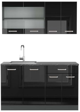 Vicco Singleküche R-Line, Schwarz Hochglanz, 140 cm | 4 Module · Höhenverstellbare Füße · AP Anthrazit inkl. · Robuste Fronten · Mit Glasschrank · Frei kombinierbar