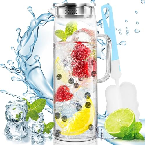 Snarflun Carafe en Verre de 1.5 Litre Pichet en Verre, Carafe Eau pour Boissons Chaudes et Froides avec acier inoxydable couvercle pour l'eau,lait,jus,thé glacé,le vin,limonade et mousseux Boissons